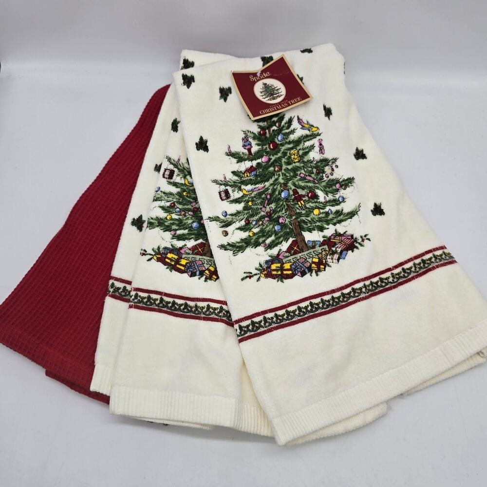 Spode 3-Piece Kitchen Towel Set Christmas Tree & Red Waffle Holiday NWT Avanti